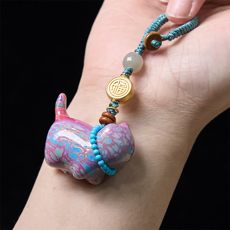 Wear FengShui Hetian Jade Natural Sandalwood Red Sandalwood Green Sandalwood Fu Character Abundance Key Chain
