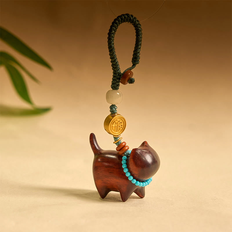 Wear FengShui Hetian Jade Natural Sandalwood Red Sandalwood Green Sandalwood Fu Character Abundance Key Chain