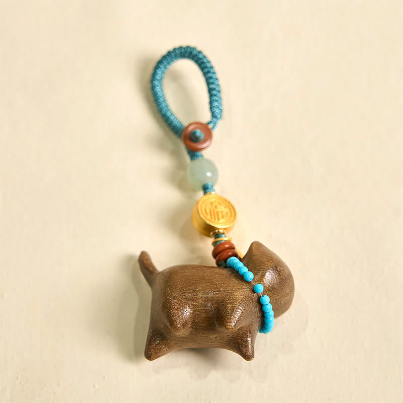 Wear FengShui Hetian Jade Natural Sandalwood Red Sandalwood Green Sandalwood Fu Character Abundance Key Chain