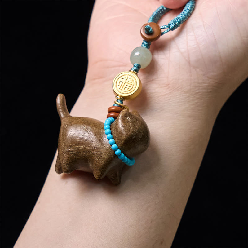 Wear FengShui Hetian Jade Natural Sandalwood Red Sandalwood Green Sandalwood Fu Character Abundance Key Chain