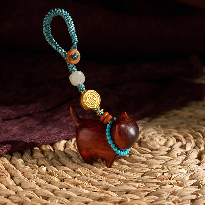 Wear FengShui Hetian Jade Natural Sandalwood Red Sandalwood Green Sandalwood Fu Character Abundance Key Chain