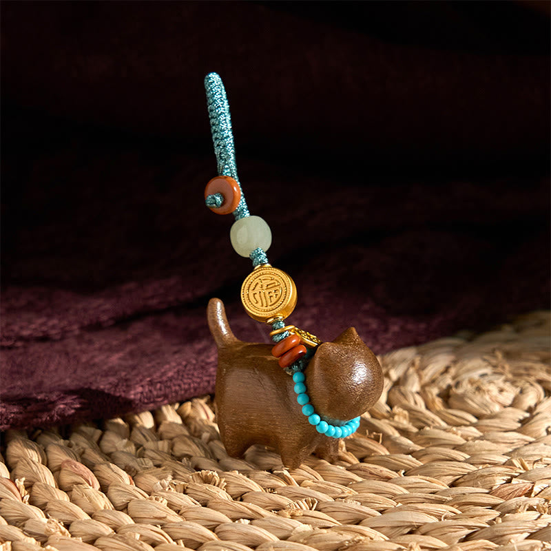 Wear FengShui Hetian Jade Natural Sandalwood Red Sandalwood Green Sandalwood Fu Character Abundance Key Chain