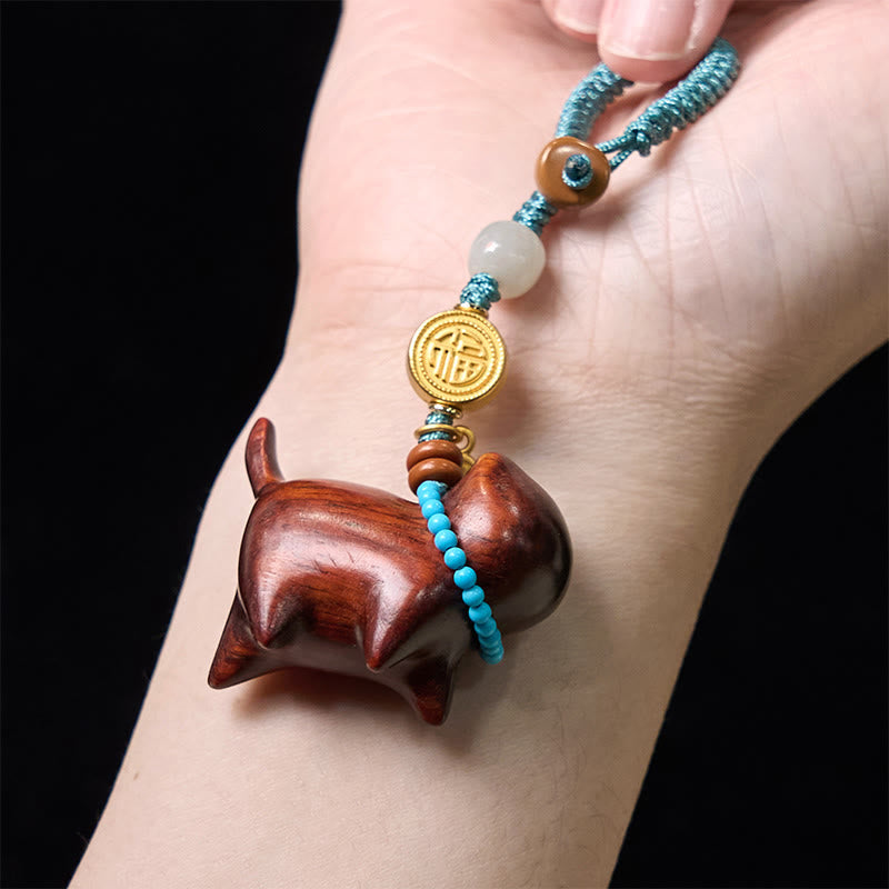 Wear FengShui Hetian Jade Natural Sandalwood Red Sandalwood Green Sandalwood Fu Character Abundance Key Chain