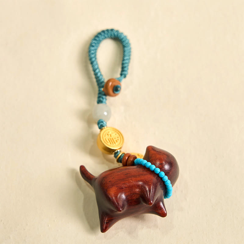 Wear FengShui Hetian Jade Natural Sandalwood Red Sandalwood Green Sandalwood Fu Character Abundance Key Chain
