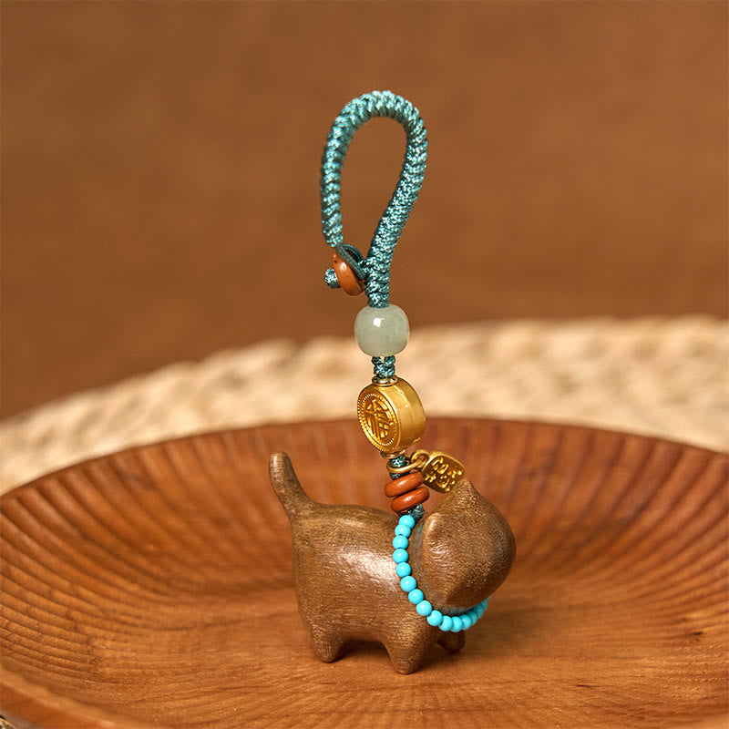 Wear FengShui Hetian Jade Natural Sandalwood Red Sandalwood Green Sandalwood Fu Character Abundance Key Chain