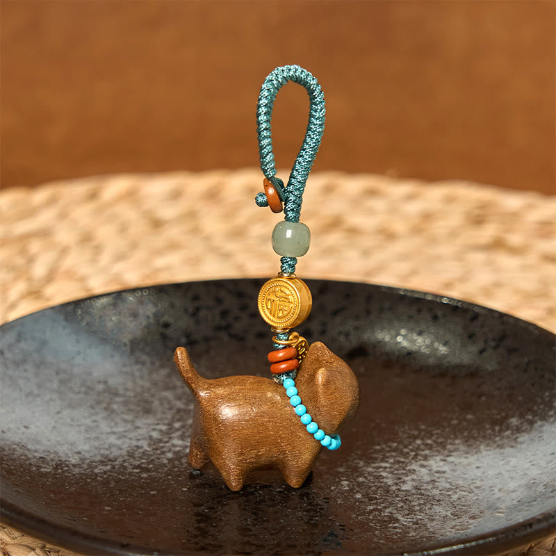 Wear FengShui Hetian Jade Natural Sandalwood Red Sandalwood Green Sandalwood Fu Character Abundance Key Chain