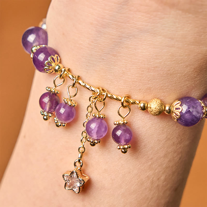 Wear FengShui Natural Amethyst Four Leaf Clover Star Peace Bracelet