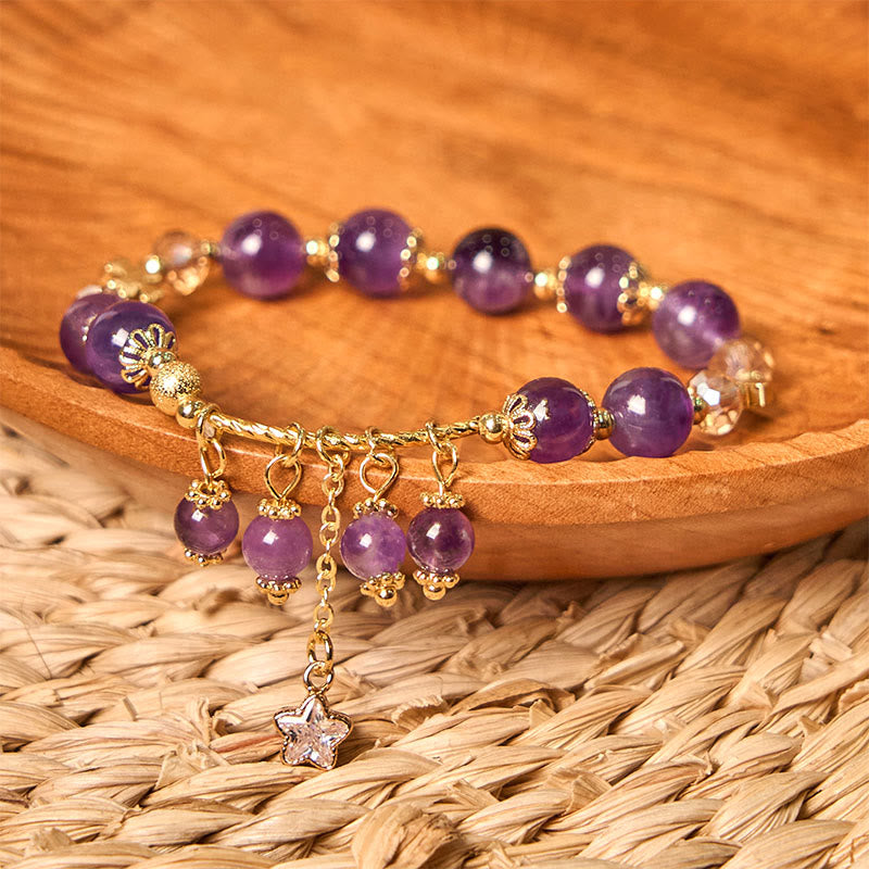 Wear FengShui Natural Amethyst Four Leaf Clover Star Peace Bracelet