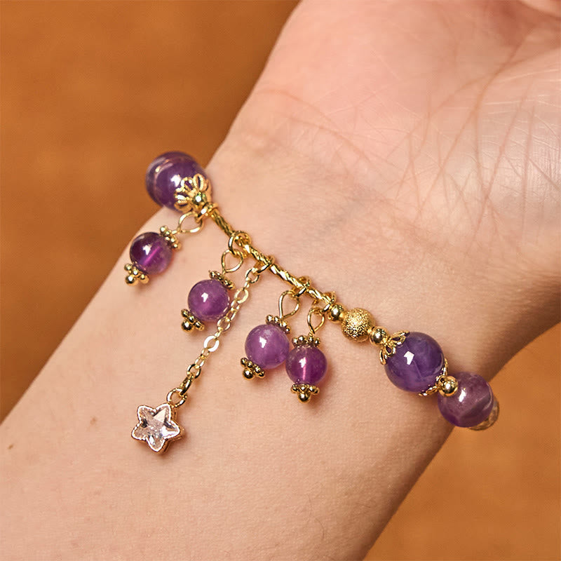 Wear FengShui Natural Amethyst Four Leaf Clover Star Peace Bracelet