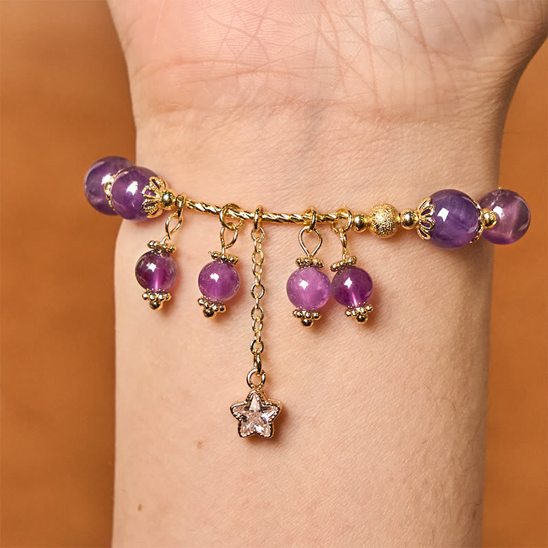 Wear FengShui Natural Amethyst Four Leaf Clover Star Peace Bracelet