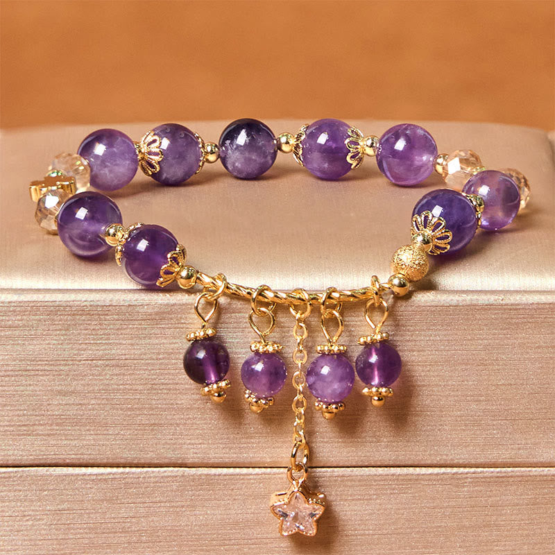 Wear FengShui Natural Amethyst Four Leaf Clover Star Peace Bracelet