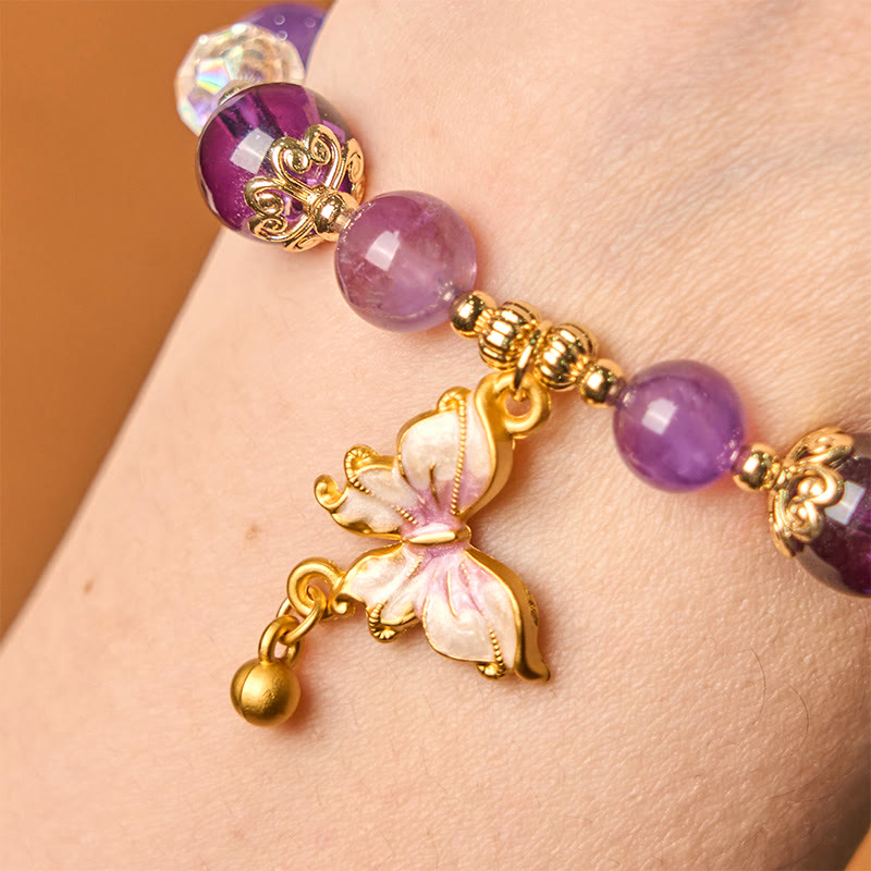 Wear FengShui Natural Amethyst Sun Stone Butterfly Peace Bracelet