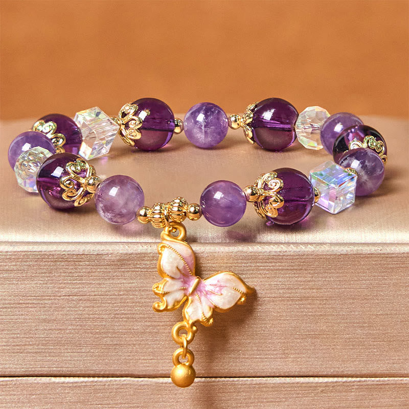 Wear FengShui Natural Amethyst Sun Stone Butterfly Peace Bracelet