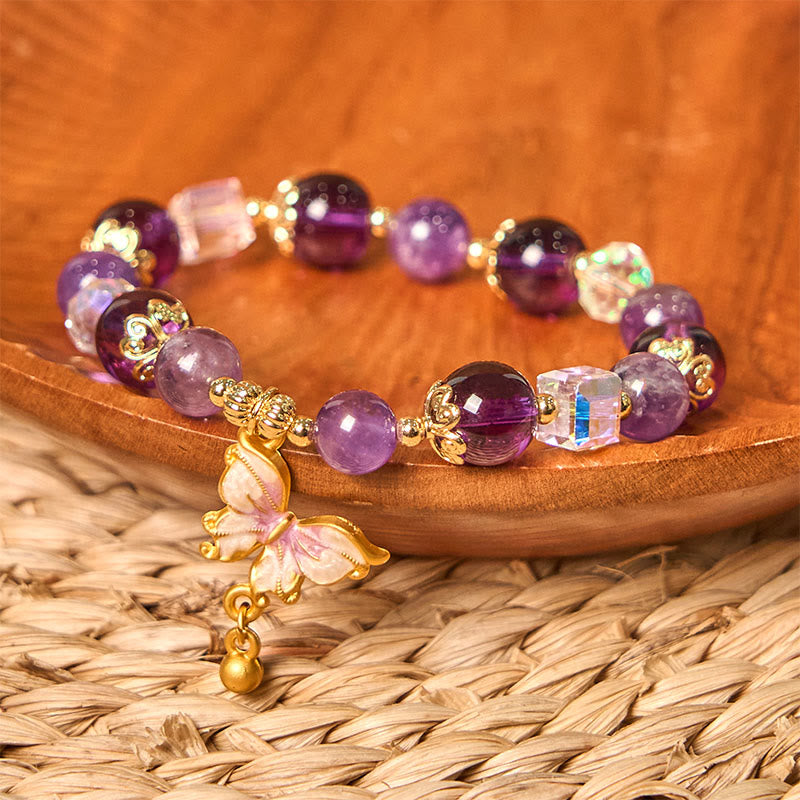 Wear FengShui Natural Amethyst Sun Stone Butterfly Peace Bracelet