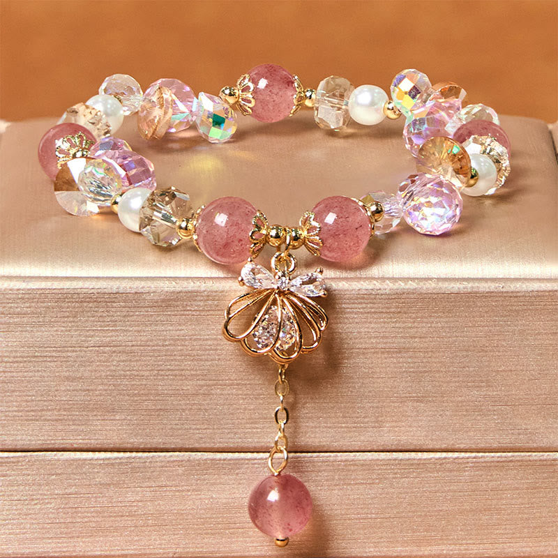 Wear FengShui Natural Strawberry Quartz Pearl Shell Positive Bracelet