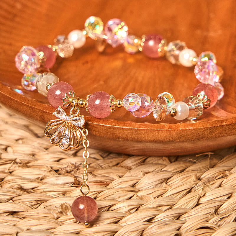 Wear FengShui Natural Strawberry Quartz Pearl Shell Positive Bracelet