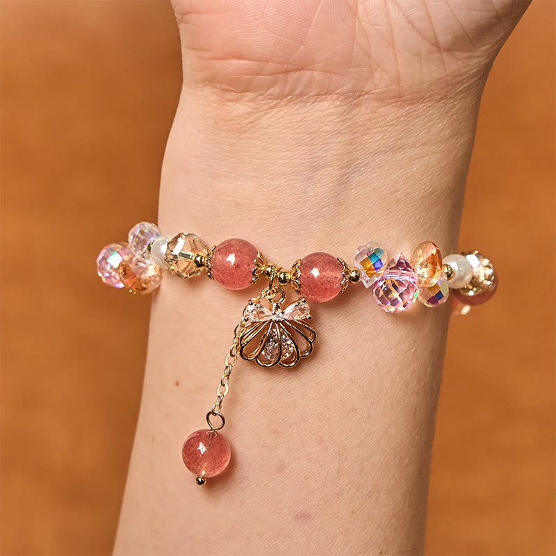 Wear FengShui Natural Strawberry Quartz Pearl Shell Positive Bracelet