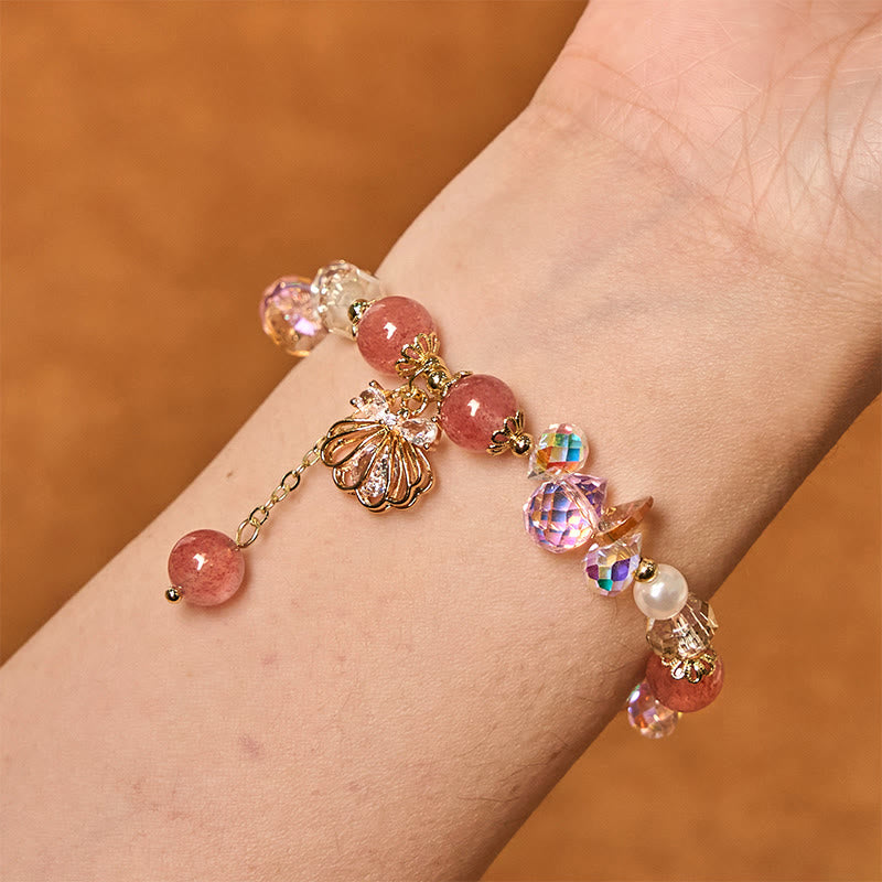 Wear FengShui Natural Strawberry Quartz Pearl Shell Positive Bracelet