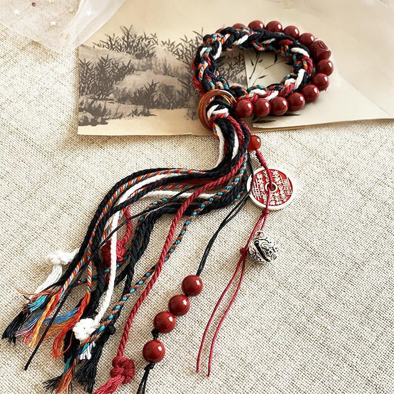Wear FengShui Tibetan Mountain Ghosts Spend Money Cinnabar Double-Layer Red Rope Tassel Protection Bracelet