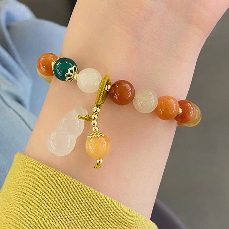Wear FengShui Golden Silk Jade Beads Gourd Wealth Luck Bracelet