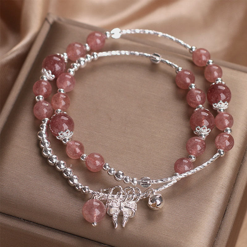 Wear FengShui Natural Strawberry Quartz Bow-knot Rosette Charm Healing Double Wrap Bracelet