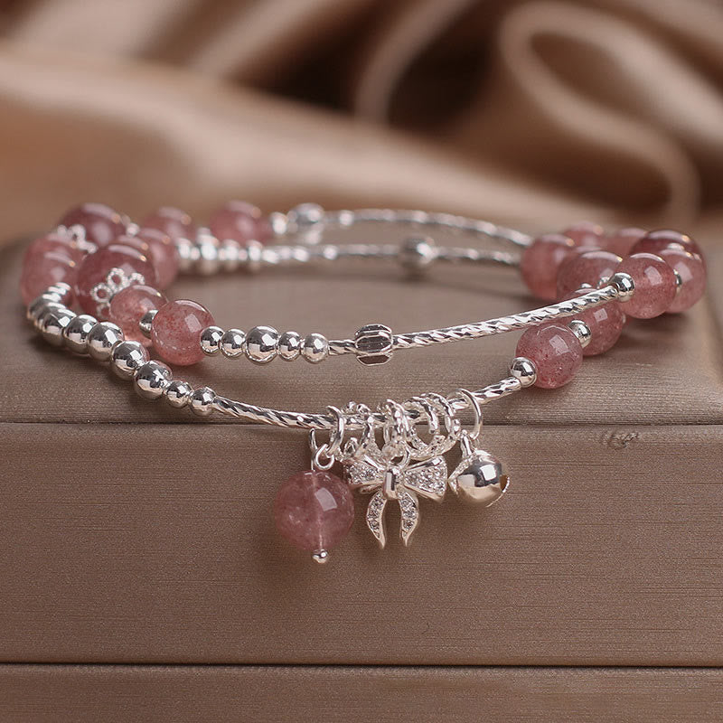Wear FengShui Natural Strawberry Quartz Bow-knot Rosette Charm Healing Double Wrap Bracelet