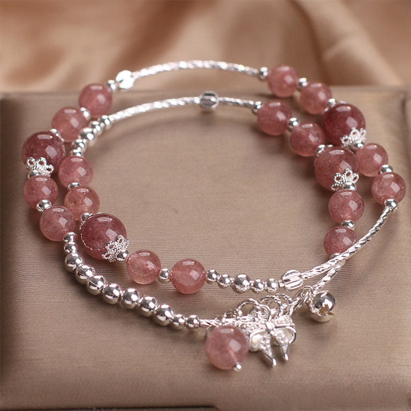 Wear FengShui Natural Strawberry Quartz Bow-knot Rosette Charm Healing Double Wrap Bracelet