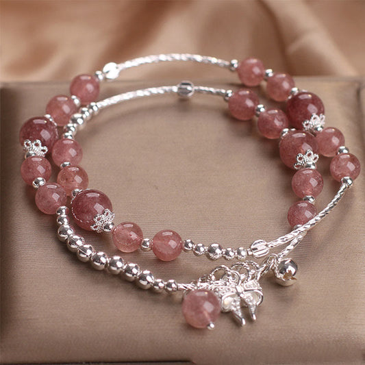 Wear FengShui Natural Strawberry Quartz Bow-knot Rosette Charm Healing Double Wrap Bracelet