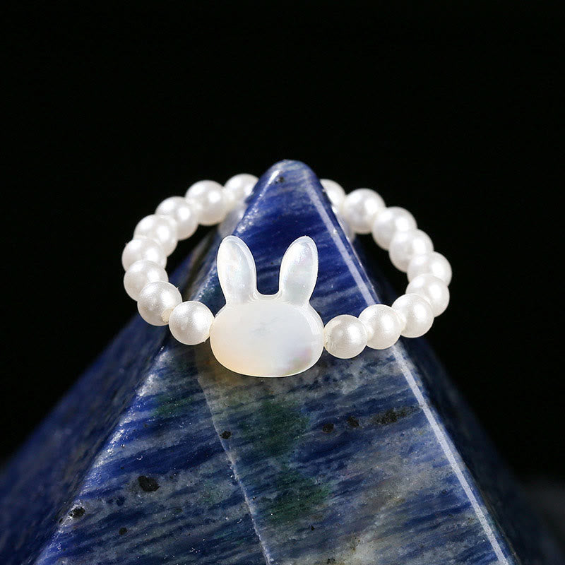 Wear FengShui 3mm Tridacna Stone Bead Rabbit Blessing Elastic Ring