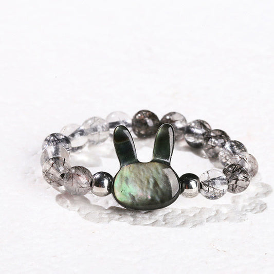 Wear FengShui 3mm Black Rutilated Quartz Tridacna Stone Rabbit Cat Ring