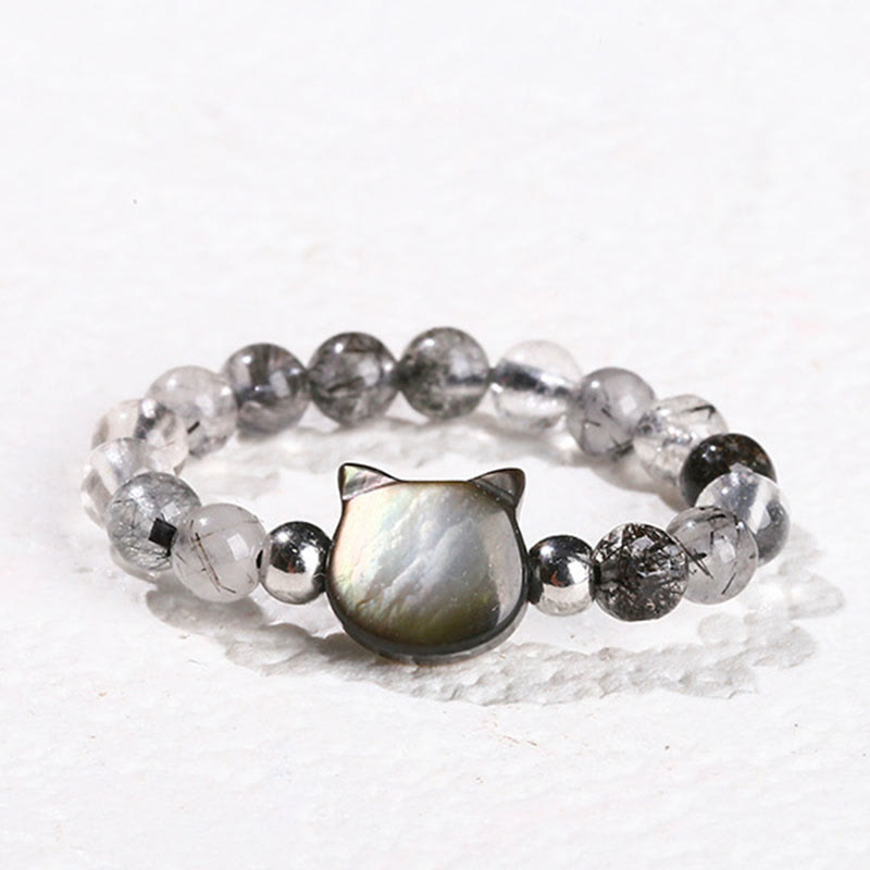 Wear FengShui 3mm Black Rutilated Quartz Tridacna Stone Rabbit Cat Ring
