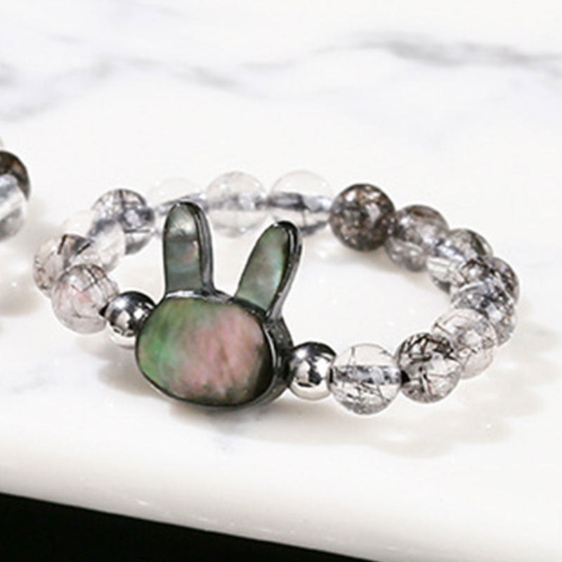 Wear FengShui 3mm Black Rutilated Quartz Tridacna Stone Rabbit Cat Ring