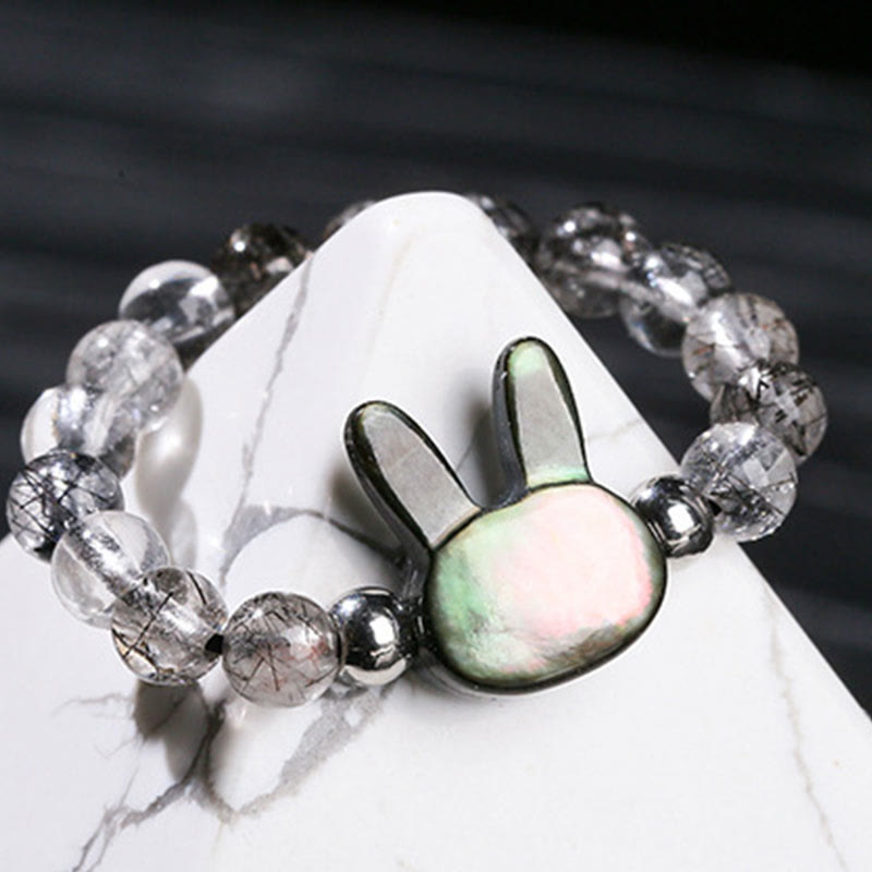 Wear FengShui 3mm Black Rutilated Quartz Tridacna Stone Rabbit Cat Ring