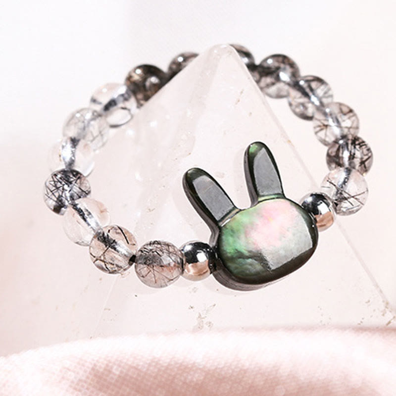 Wear FengShui 3mm Black Rutilated Quartz Tridacna Stone Rabbit Cat Ring