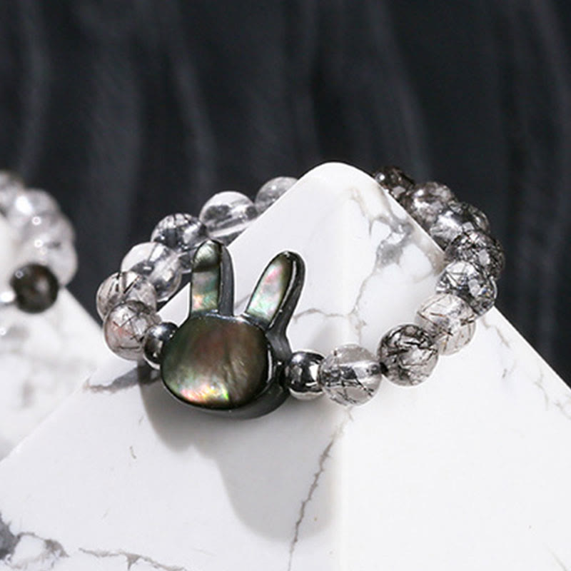 Wear FengShui 3mm Black Rutilated Quartz Tridacna Stone Rabbit Cat Ring