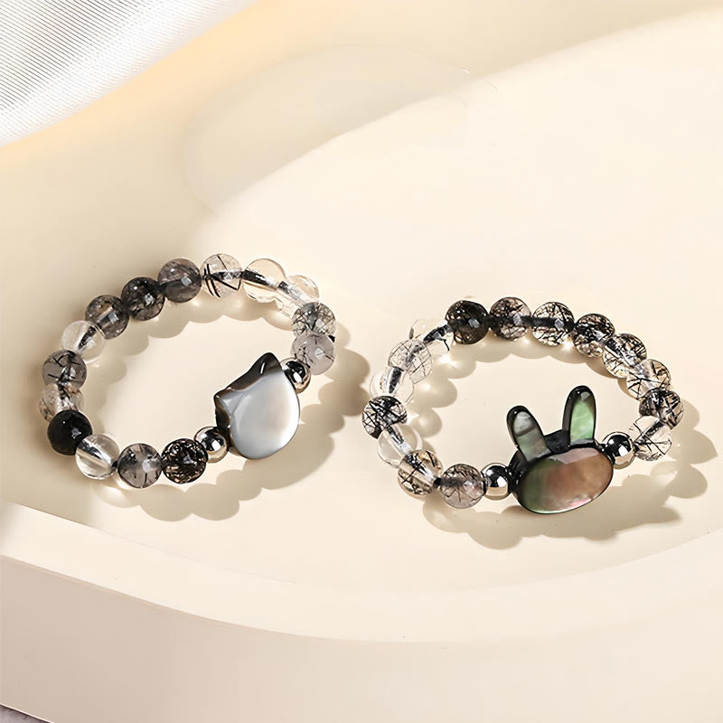 Wear FengShui 3mm Black Rutilated Quartz Tridacna Stone Rabbit Cat Ring