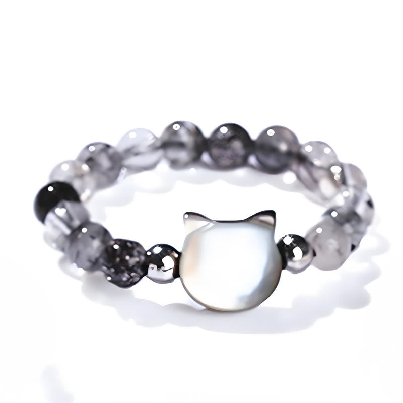 Wear FengShui 3mm Black Rutilated Quartz Tridacna Stone Rabbit Cat Ring