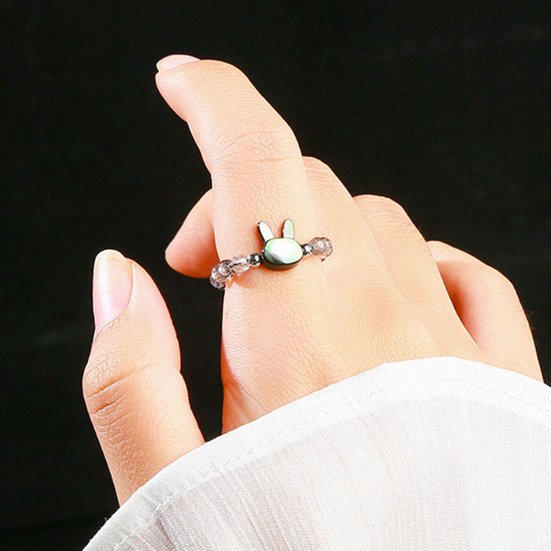 Wear FengShui 3mm Black Rutilated Quartz Tridacna Stone Rabbit Cat Ring