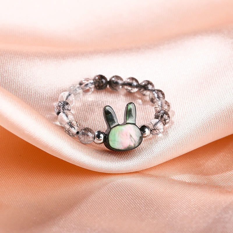 Wear FengShui 3mm Black Rutilated Quartz Tridacna Stone Rabbit Cat Ring