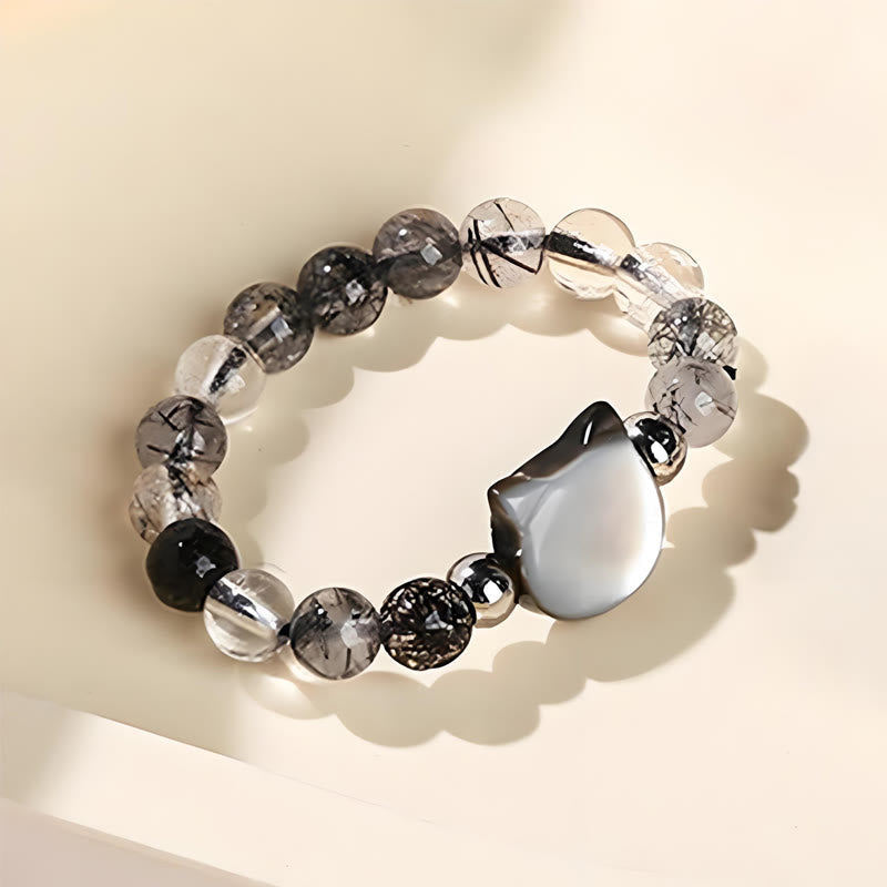 Wear FengShui 3mm Black Rutilated Quartz Tridacna Stone Rabbit Cat Ring