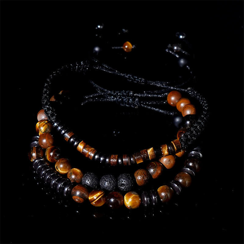 Wear FengShui 3Pcs Tiger Eye Lava Rock Protection Bracelet Set