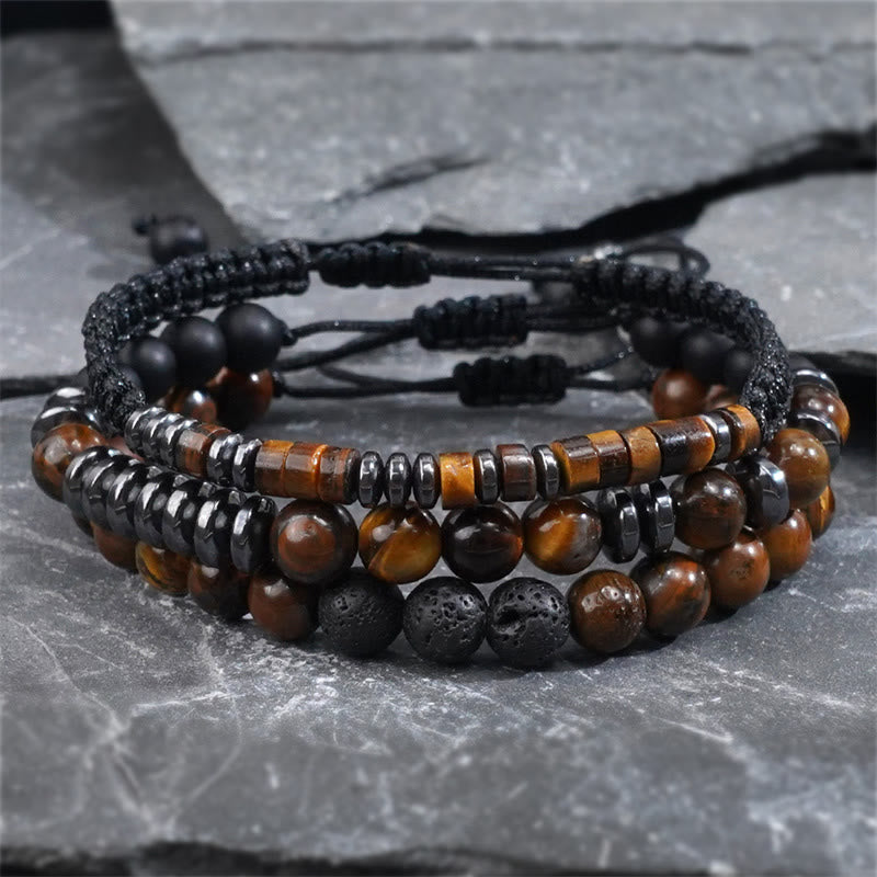 Wear FengShui 3Pcs Tiger Eye Lava Rock Protection Bracelet Set