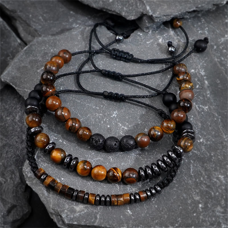 Wear FengShui 3Pcs Tiger Eye Lava Rock Protection Bracelet Set