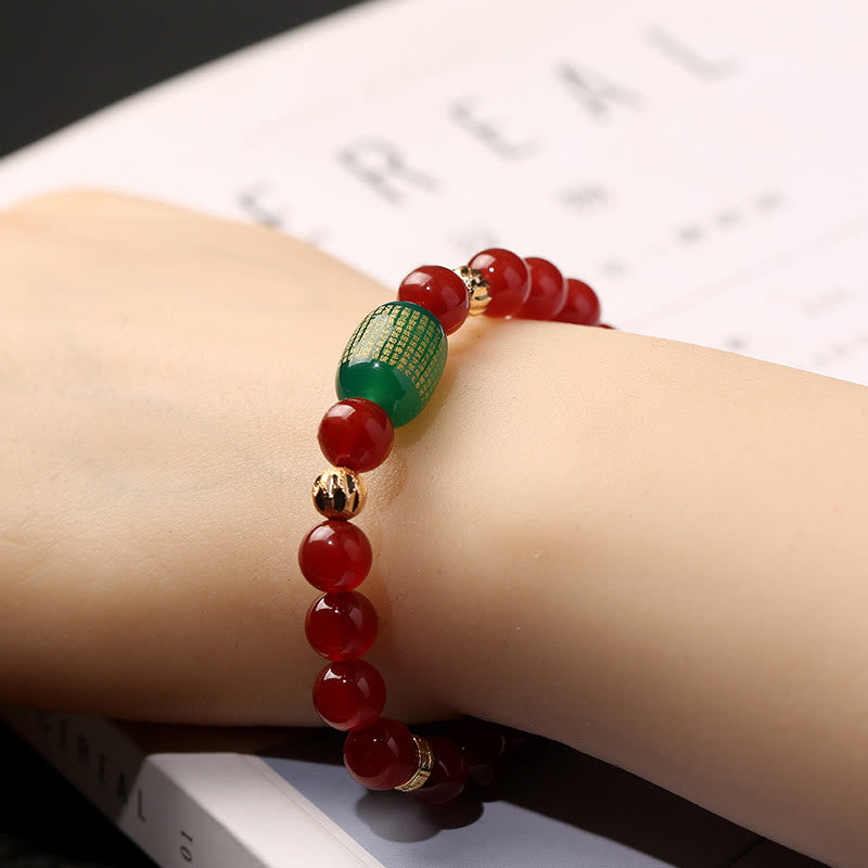 Wear FengShui Natural Red Agate Green Agate Buddhist Sutras Calm Bracelet