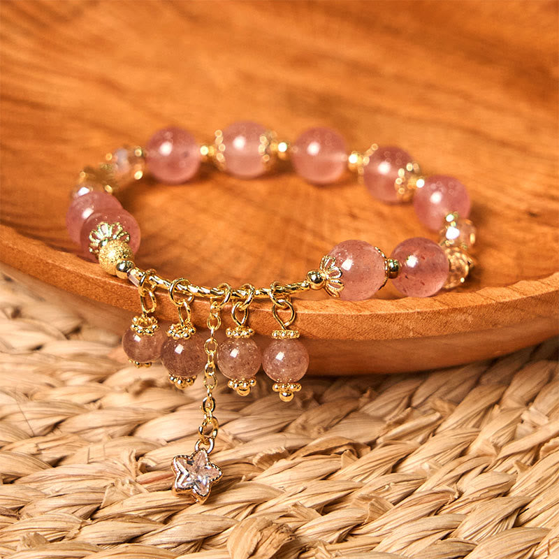 Wear FengShui Natural Strawberry Quartz Four Leaf Clover Star Positive Bracelet