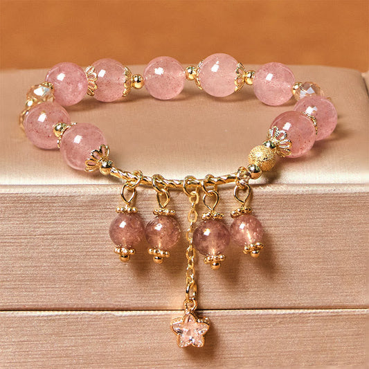 Wear FengShui Natural Strawberry Quartz Four Leaf Clover Star Positive Bracelet