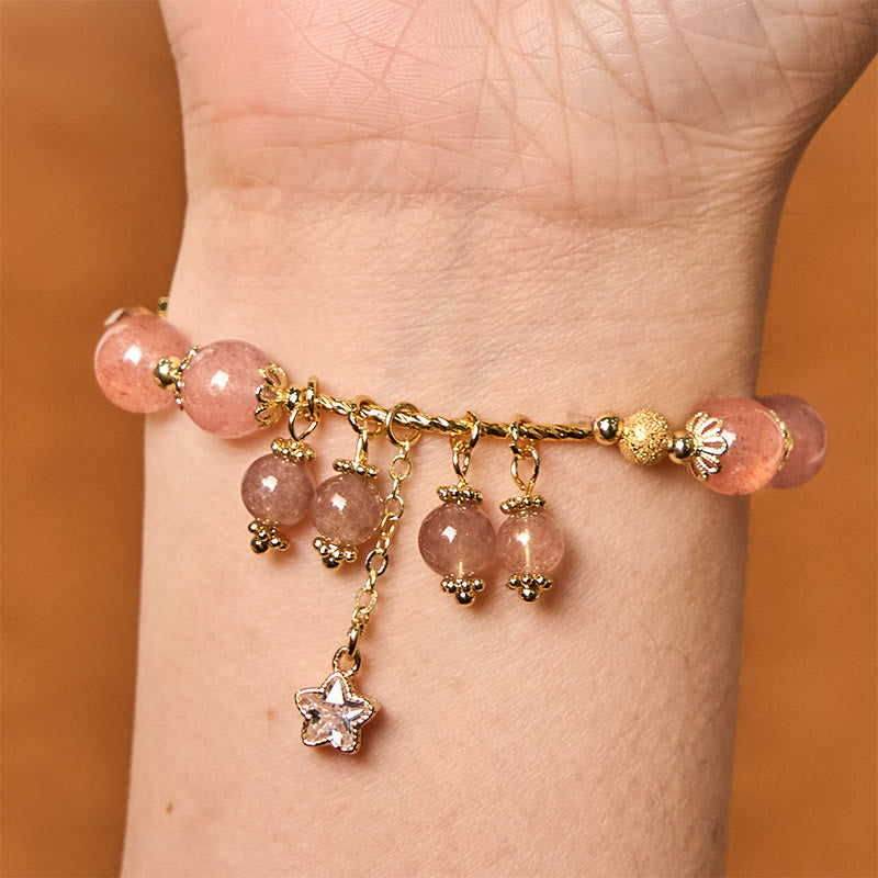 Wear FengShui Natural Strawberry Quartz Four Leaf Clover Star Positive Bracelet