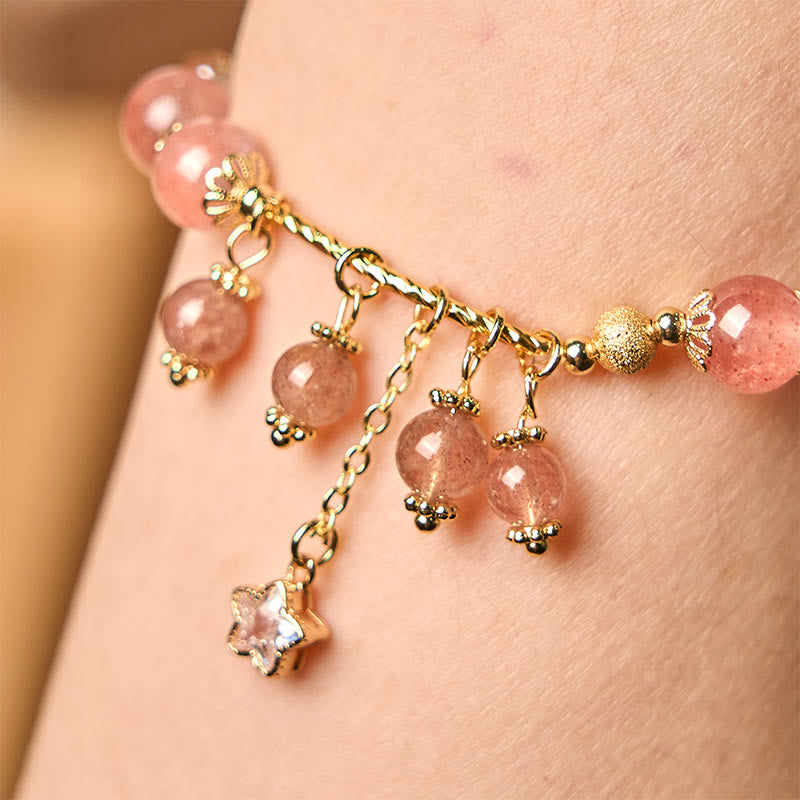 Wear FengShui Natural Strawberry Quartz Four Leaf Clover Star Positive Bracelet