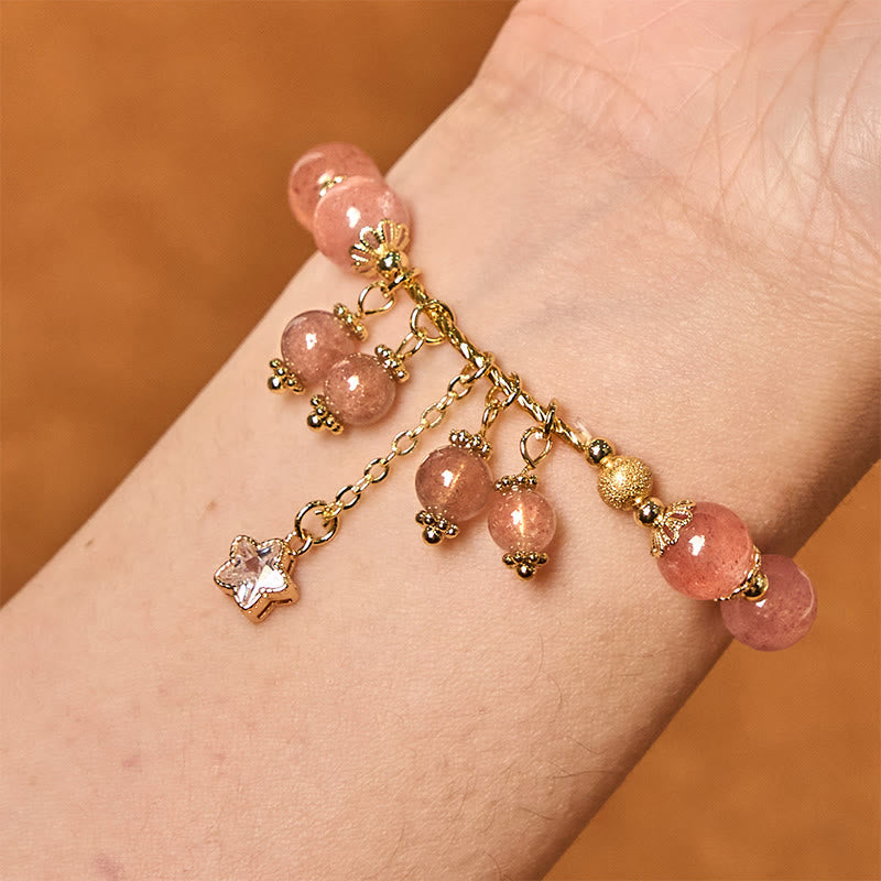 Wear FengShui Natural Strawberry Quartz Four Leaf Clover Star Positive Bracelet