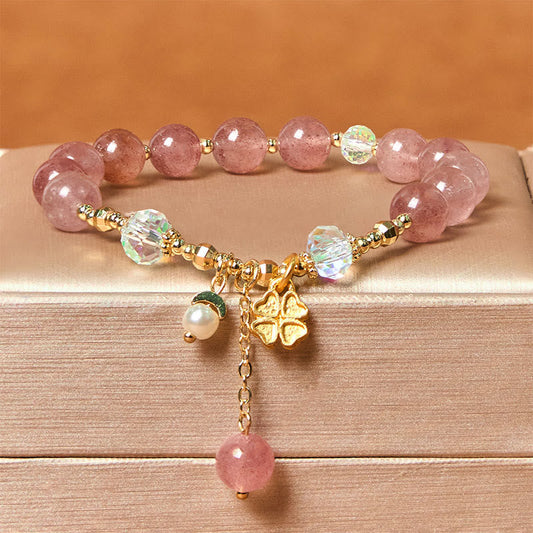 Wear FengShui Natural Strawberry Quartz Four Leaf Clover Healing Bracelet